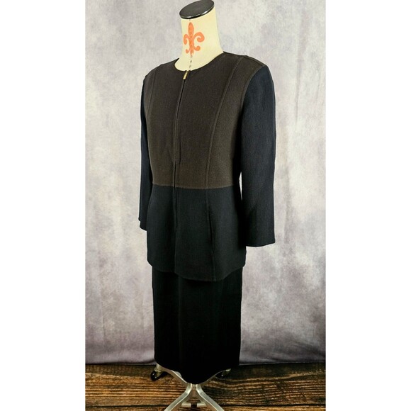 St. John Hand Sewn Suit Black Brown Boucle Knit Zip Jacket 8 Pencil Dress 6 EUC!